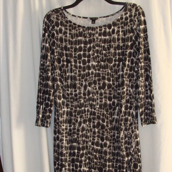 ANN TAYLOR Gray & White SNAKE Print 3/4 Slv JERSEY Knit Side RUCHED DRESS Sz 8 - Picture 1 of 6